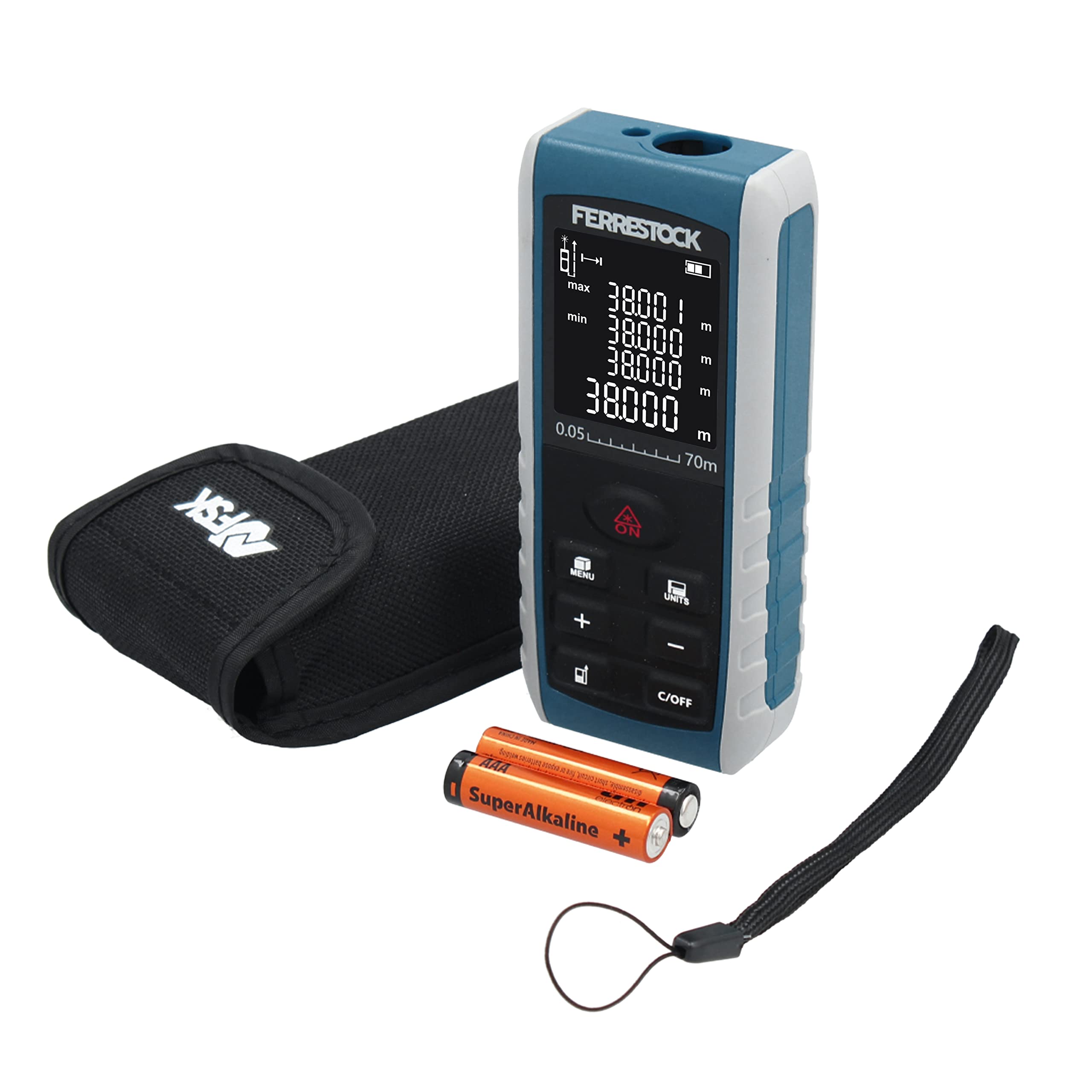 Ferrestock FSKLDM070 Laser Distance Meter up to 70 Meters, LCD Display, 2 Reference Points, 7 Measuring Modes, Digital Level and 99 Memory.