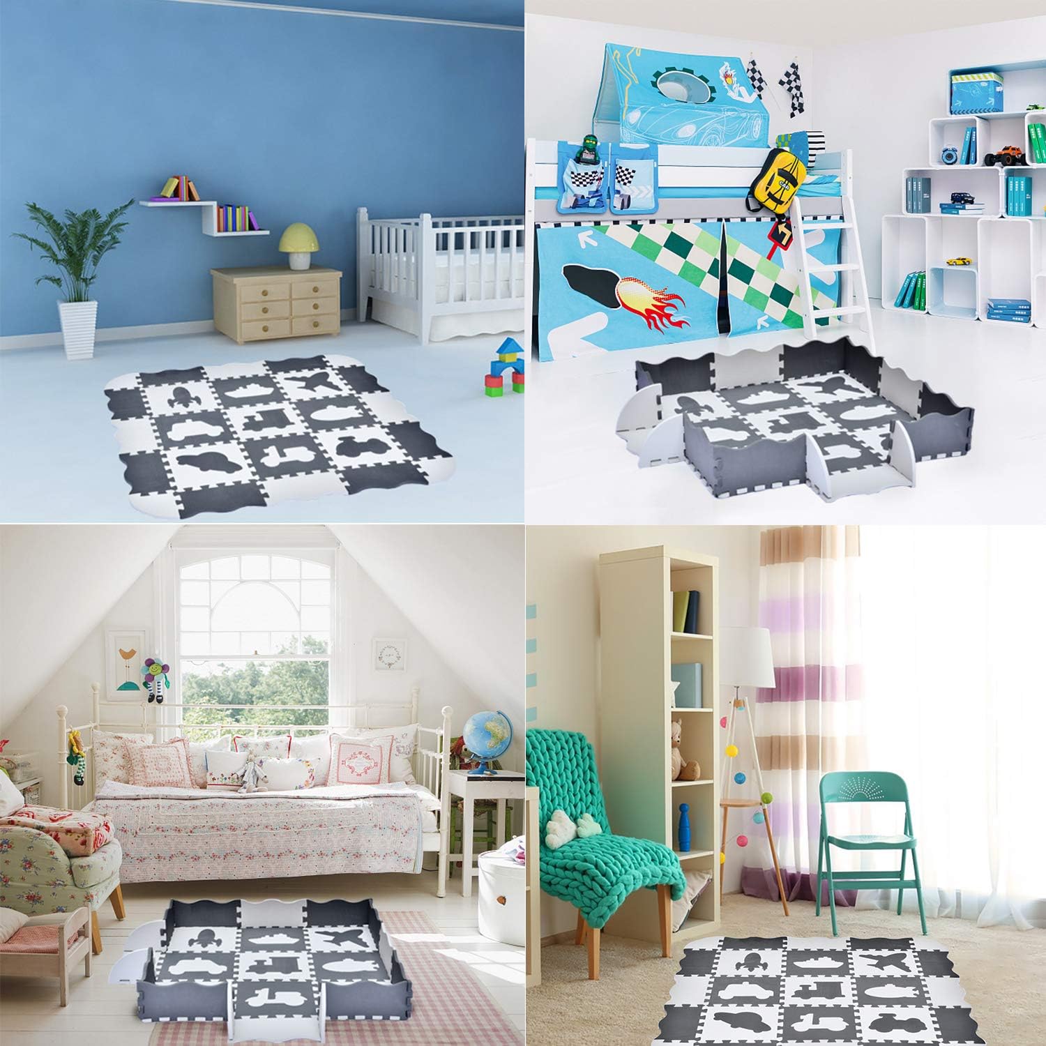 FUN LITTLE TOYS 25PCs Baby Play Mat with Fence Including 9 Different Vehicle Styles, Thick (0.47") Interlocking Foam Floor Tiles, Kids Room Decor Large Mat: Toys & Games