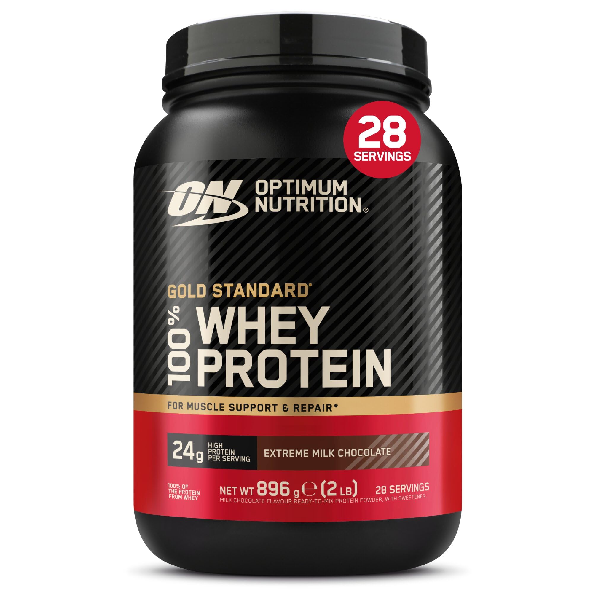 Optimum Nutrition Gold Standard 100% Whey Muscle Building and Recovery Protein Powder With Naturally Occurring Glutamine and BCAA Amino Acids, Extreme Milk Chocolate Flavour, 28 Servings, 896 g