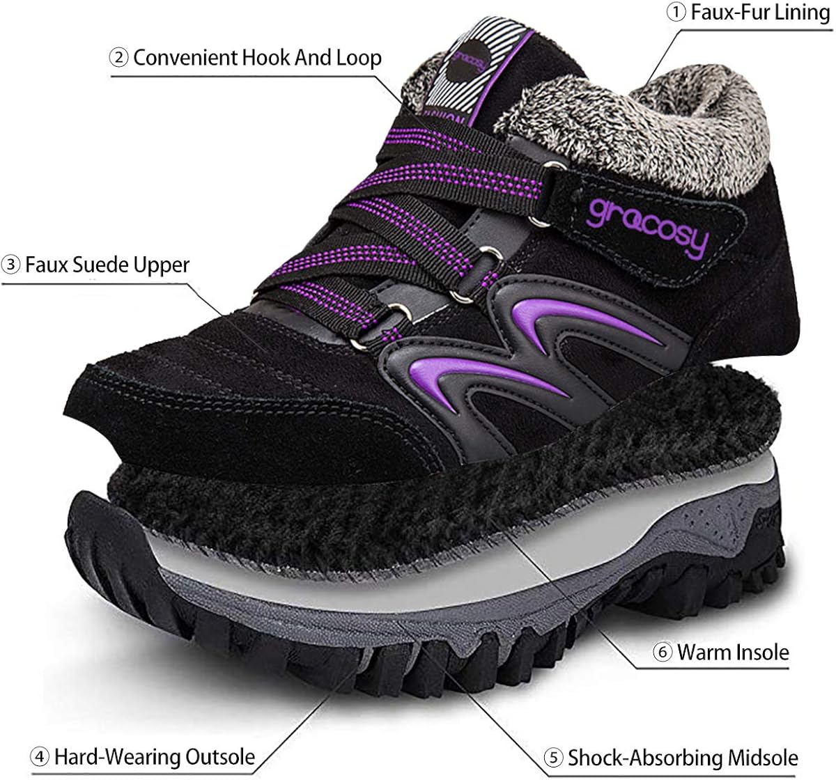  | gracosy Women's Hiking Shoes, High Top Sneaker Winter Warm Hook Loop Snow Shoes Fur Lining Suede Ankle Bootie | Hiking Boots