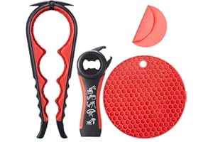 HENSAN Jar Bottle Opener for Weak Hands,4 &5 in 1 Multi Function Non-Slip Can Lid Opener Tools with Silicone Jar Gripper Pad,Suitable for Seniors,Children and Arthritic Hands (Red)