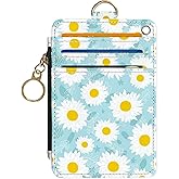 DATOUCAT Slim Wallet Credit Card Holder, White Chrysanthemum, RFID Wallet Women Cute Small Front Pocket Wallet With Zipper, PU Leather Thin travel RFID Blocking Card Case ID Window,Ladies Gifts