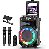 Karaoke Machine with 2 Wireless Microphones, Rolling Wheels, and Trolley – 8800mAh Portable Bluetooth Speaker, PA System with Lights, Adjustable Bass/Treble/Echo for Parties, Indoor and Outdoor Use