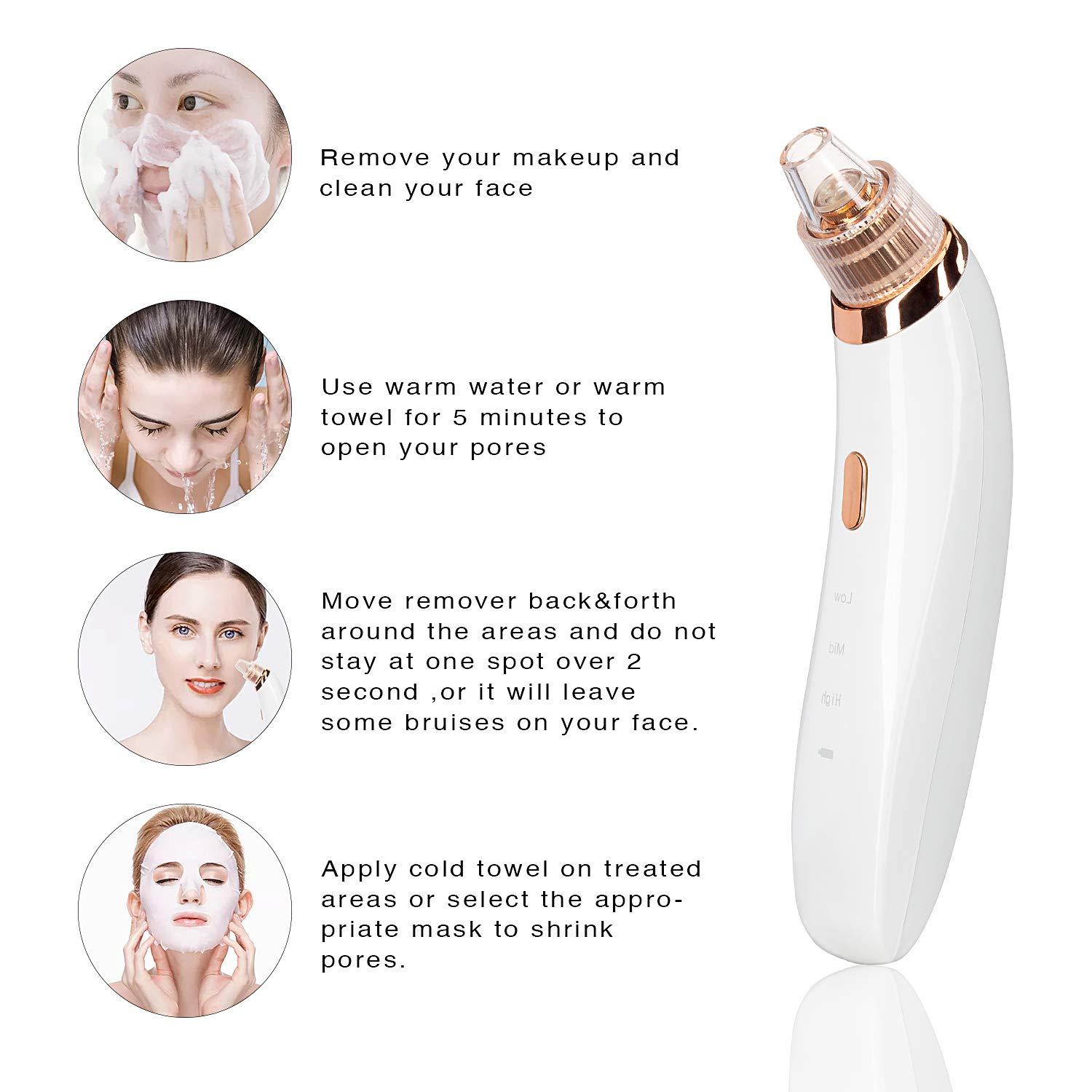 Blackhead Remover Pore Vacuum,ZAOZAOZAN Black Head Removal Tool USB Rechargeable for Blackhead Whitehead,3 Adjustable Suction Power and 4 Porbes: Beauty