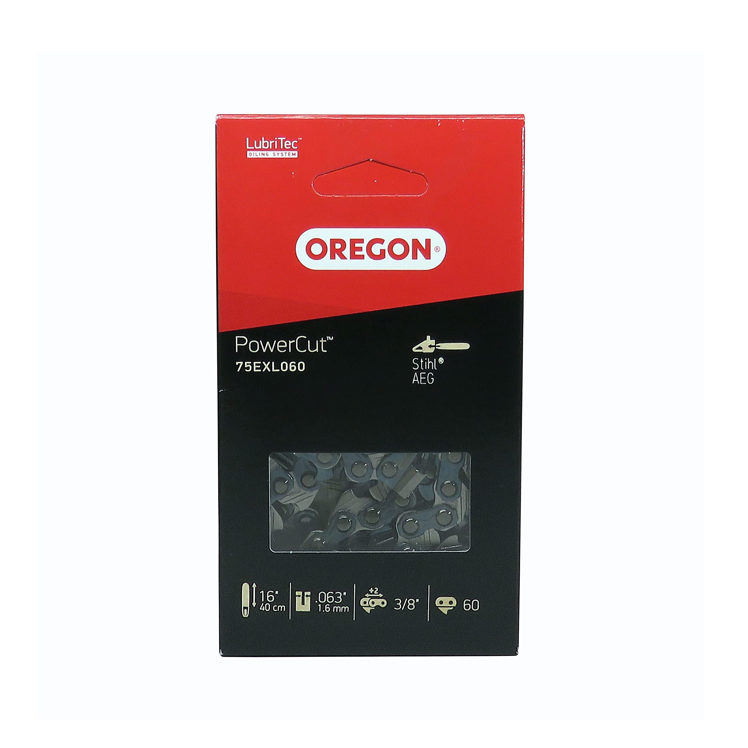 Oregon PowerCut 3/8" Pitch, .063" (1.6 mm) Gauge Full Chisel Chainsaw Chain for 16 Inch Bar - 60 Drive Links - fits AEG and Stihl (75EXL)