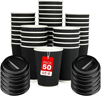Zuvo 8 oz Takeaway Coffee Cups with Lids Ripple Kraft Pack of 50 Black