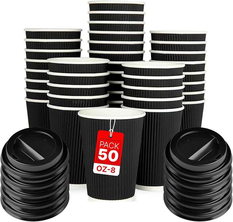 Zuvo 8 oz Takeaway Coffee Cups with Lids Ripple Kraft Pack of 50 Black