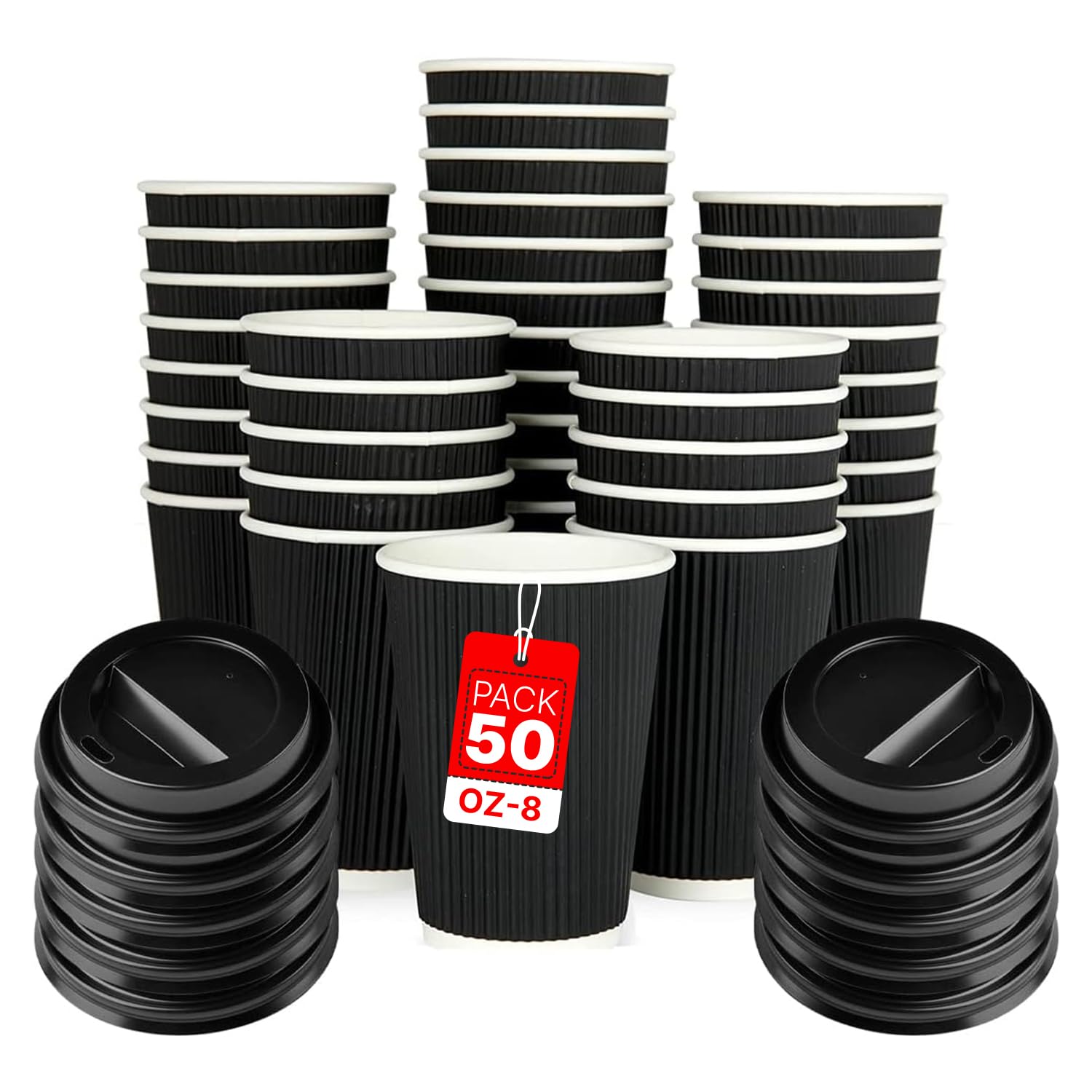 Zuvo 50 Pack Takeaway Coffee Cups with Lids | Disposable Insulated Triple Wall Ripple Kraft Paper Coffee Cups for Takeaway Coffee, Tea or hot Liquids | Pack of 50 (8 Oz.), Black