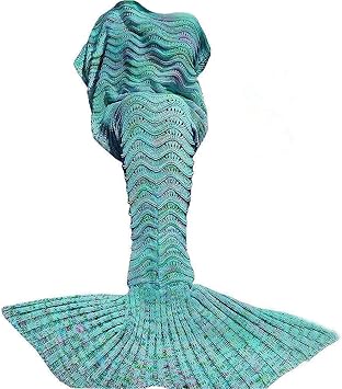 ＤDMY Mermaid Tail Blanket Crochet Mermaid Blankets Seasons Warm Soft Handmade Sleeping Bag Best Birthday Christmas gift For Kids Teens Adult 74''x35'' Mint Green