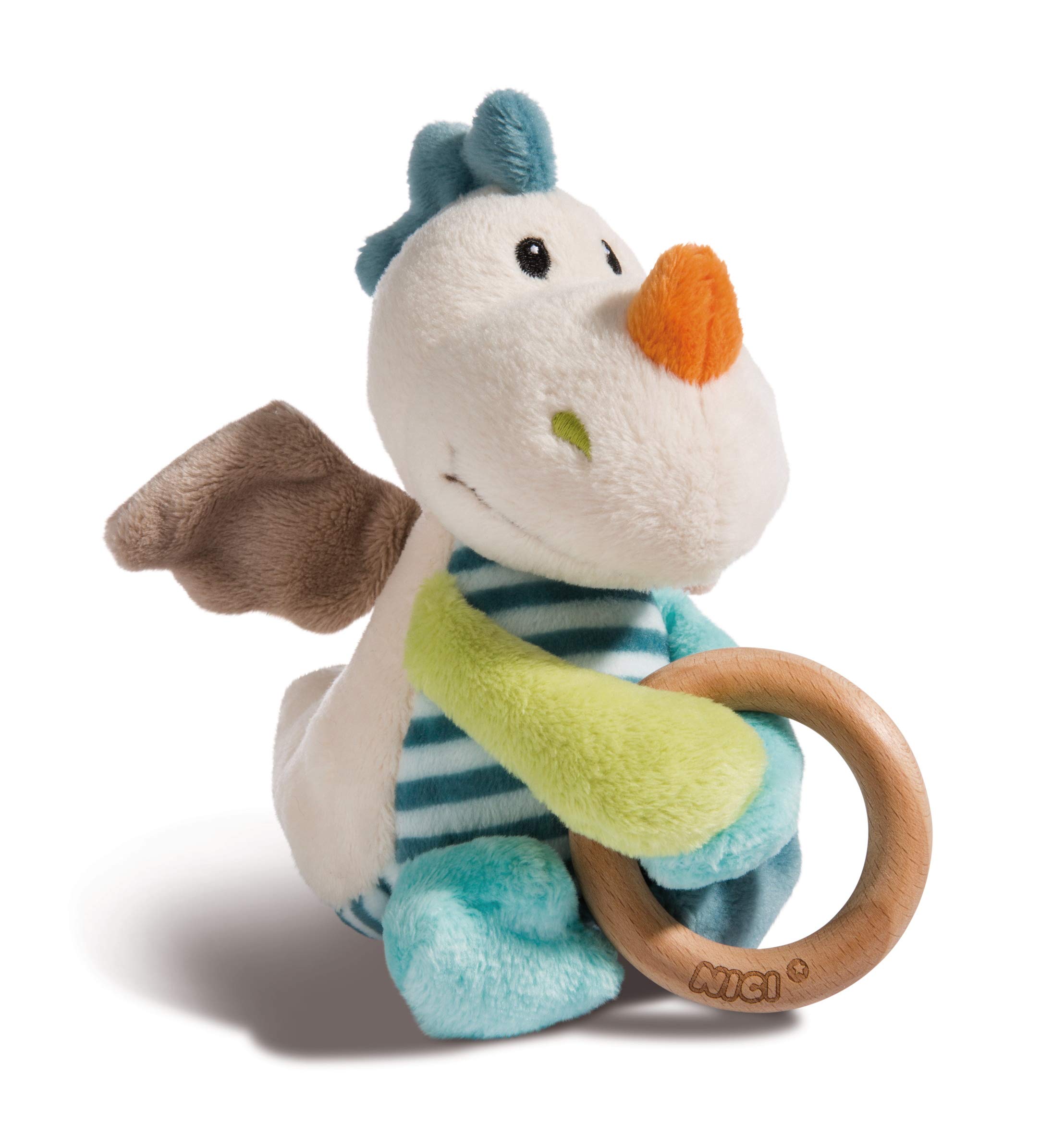 NICI Cuddly Soft Toy Grabber Dragon Dragilu 15cm with Wooden Ring and Bell, for Newborns