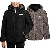 DKNY Boys Puffer Jacket - Reversible Zip Up Kids Winter Coat Sherpa Jacket with Hood - Outerwear Jackets for Boys