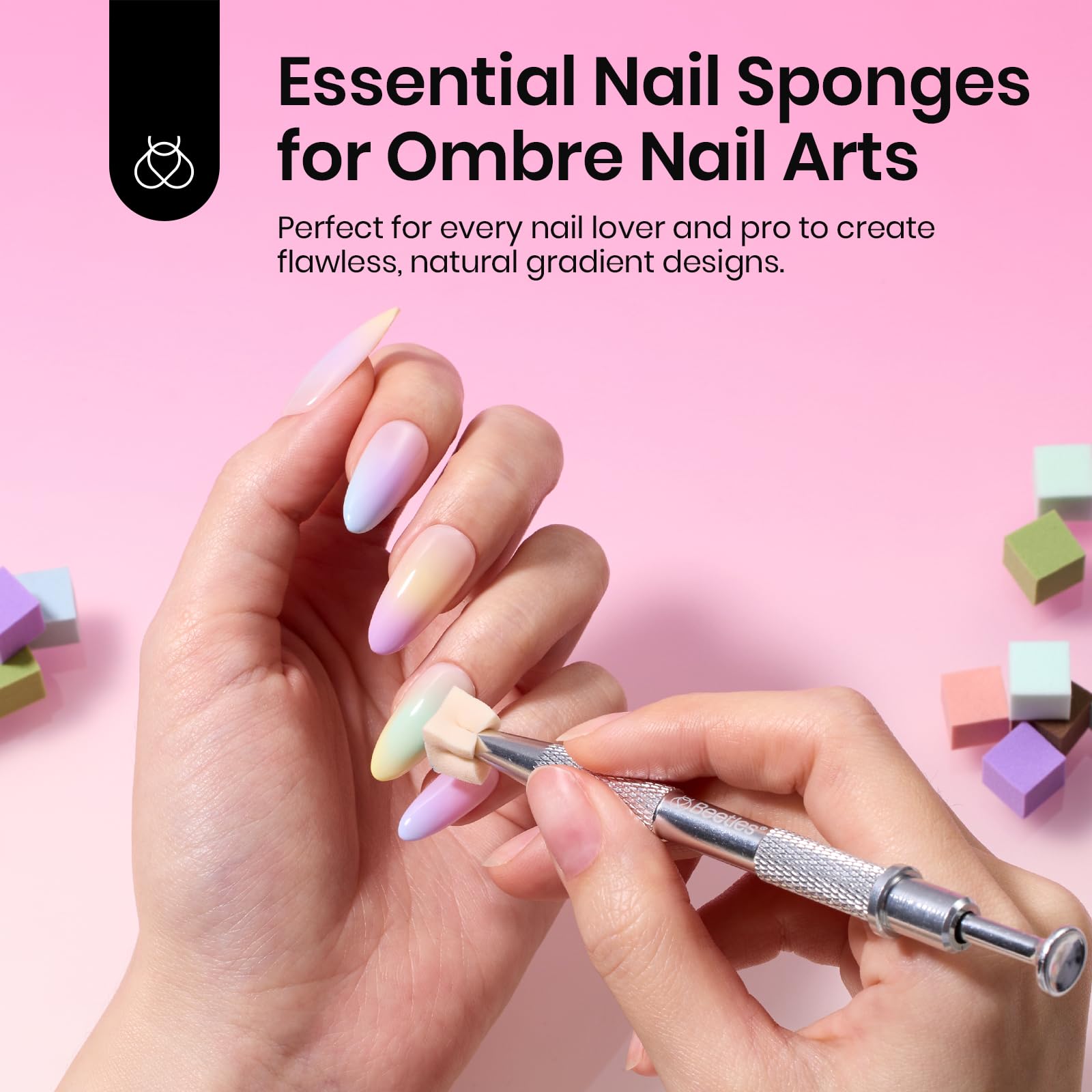 Beetles 204Pcs Soft Nail Sponges for Ombre, Colorful Nail Art Sponges With Grabbing Pen, Aura Nails, Ombre Nail Brush, Manicure Nail Art Tool, Professional Accessories Supplies Nail Art DIY Home Salon - Image 2