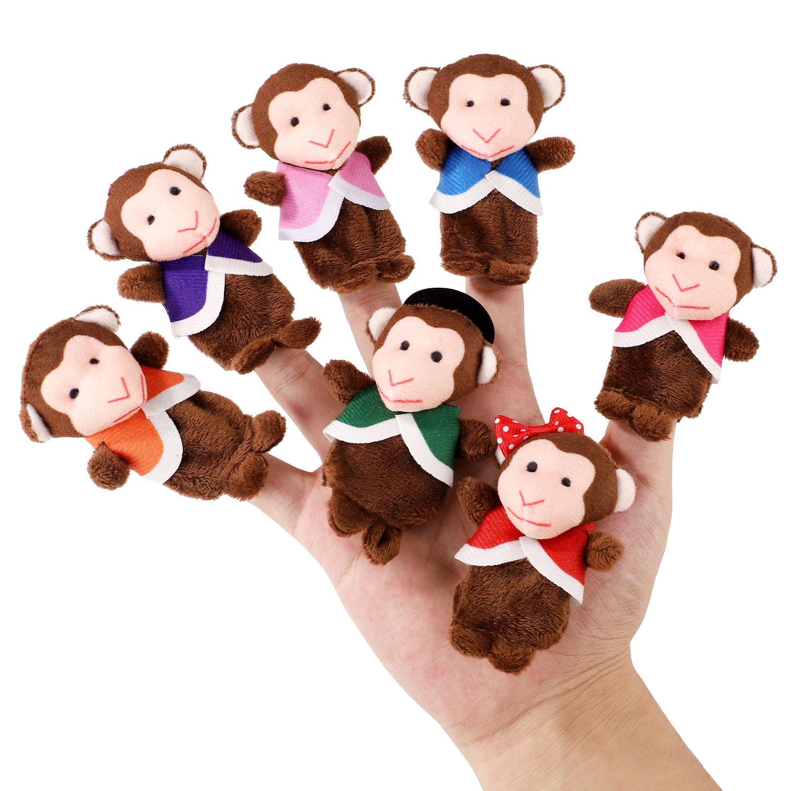 7pcs Colorful Little Monkeys Finger Puppets, Pink Purple Orange Premium Plush Finger Puppets Toy Animal Finger Toys for Storytelling and Theater Role Play