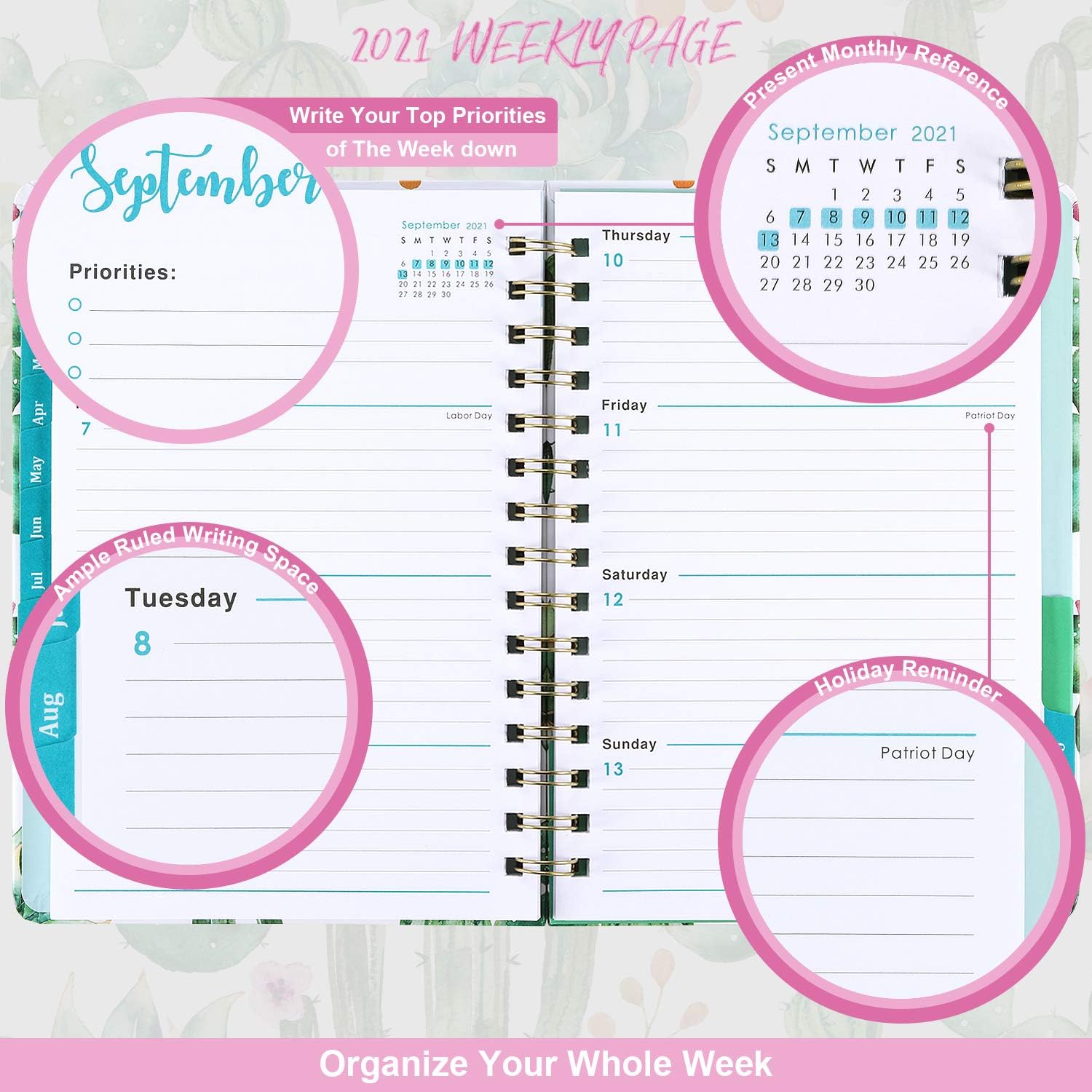 Planner 2021 - Weekly & Monthly Planner Jan - Dec, 8.5" x 6.4", Flexible Hardcover, Strong Twin - Wire Binding, Thick Paper, 12 Monthly Tabs, Inner Pocket, Elastic Closure, Inspirational Quotes : Office Products