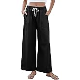 Springrain Womens Baggy Wide Leg Pants Casual Loose Cotton Drawstring Elastic Waisted Palazzo Pants with Pockets