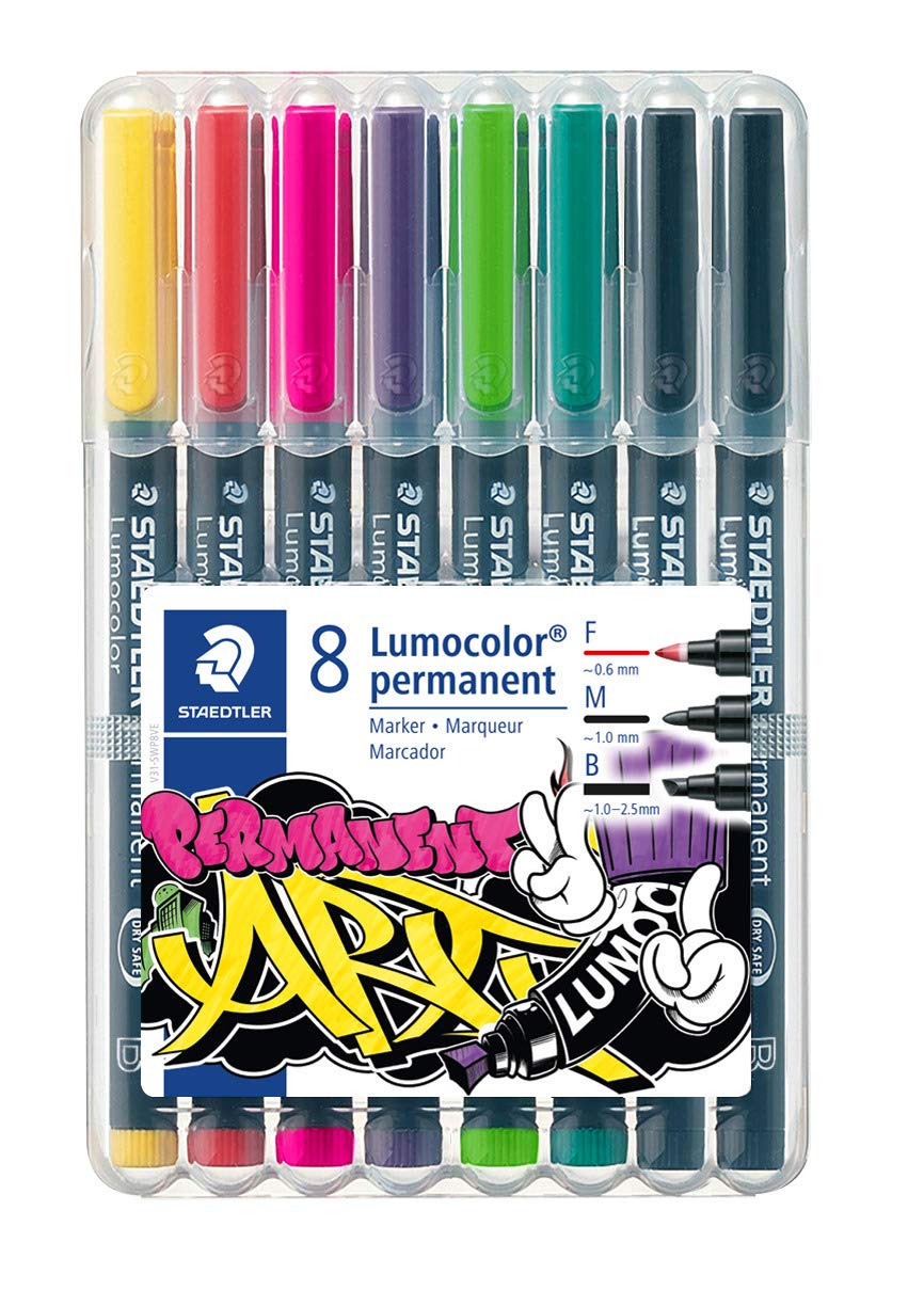 STAEDTLER Lumocolor permanent markers, assorted colours and line widths, waterproof on almost all surfaces, dries in seconds, 8 markers in a stand-up box, 31-S WP8