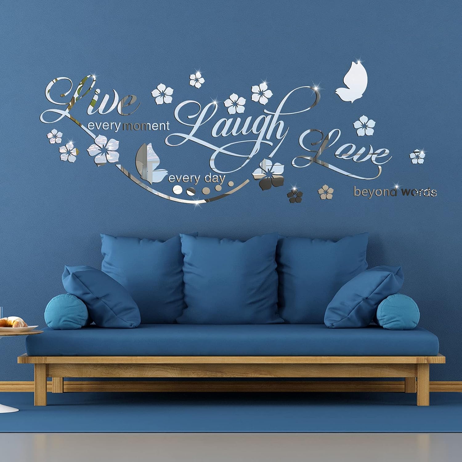 3D Acrylic Mirror Wall Decor Stickers Live Laugh Letter Quotes Wall Stickers Removable Family Wall Decals Motivational Family Flower Butterfly Mirror Stickers for Office Dorm Home Mirror Wall