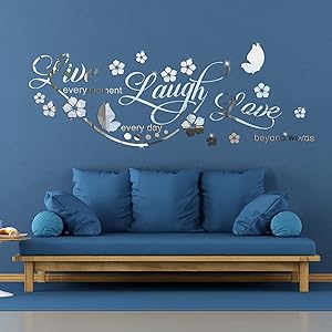 3D Acrylic Mirror Wall Decor Stickers Live Laugh Letter Quotes Wall Stickers Removable Family Wall Decals Motivational Family Flower Butterfly Mirror Stickers for Office Dorm Home Mirror Wall