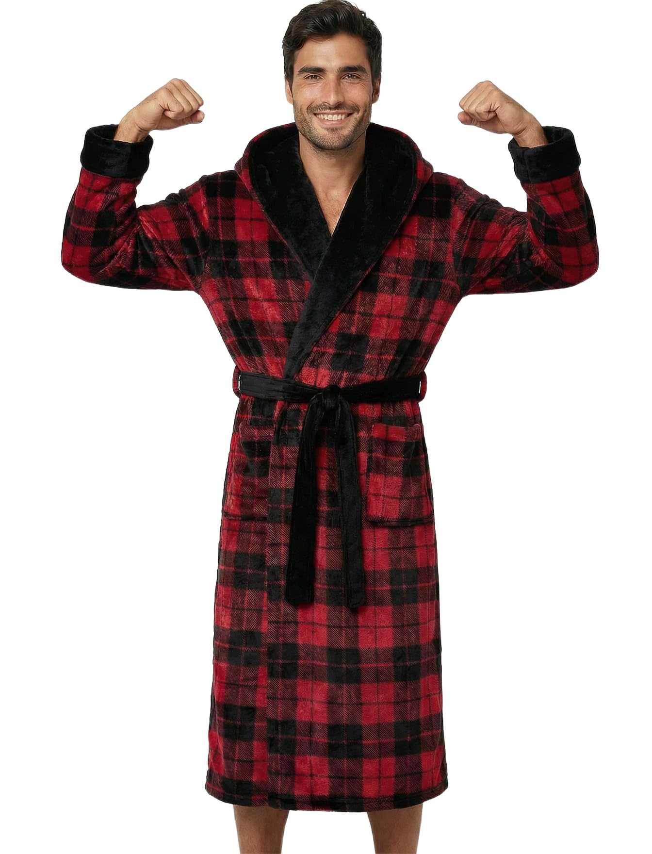 Alexander Del Rossa Mens Robe, Plush Fleece Hooded Bathrobe Men, Big and Tall Robe Red Black Plaid XL (A0125Q42XL) Image
