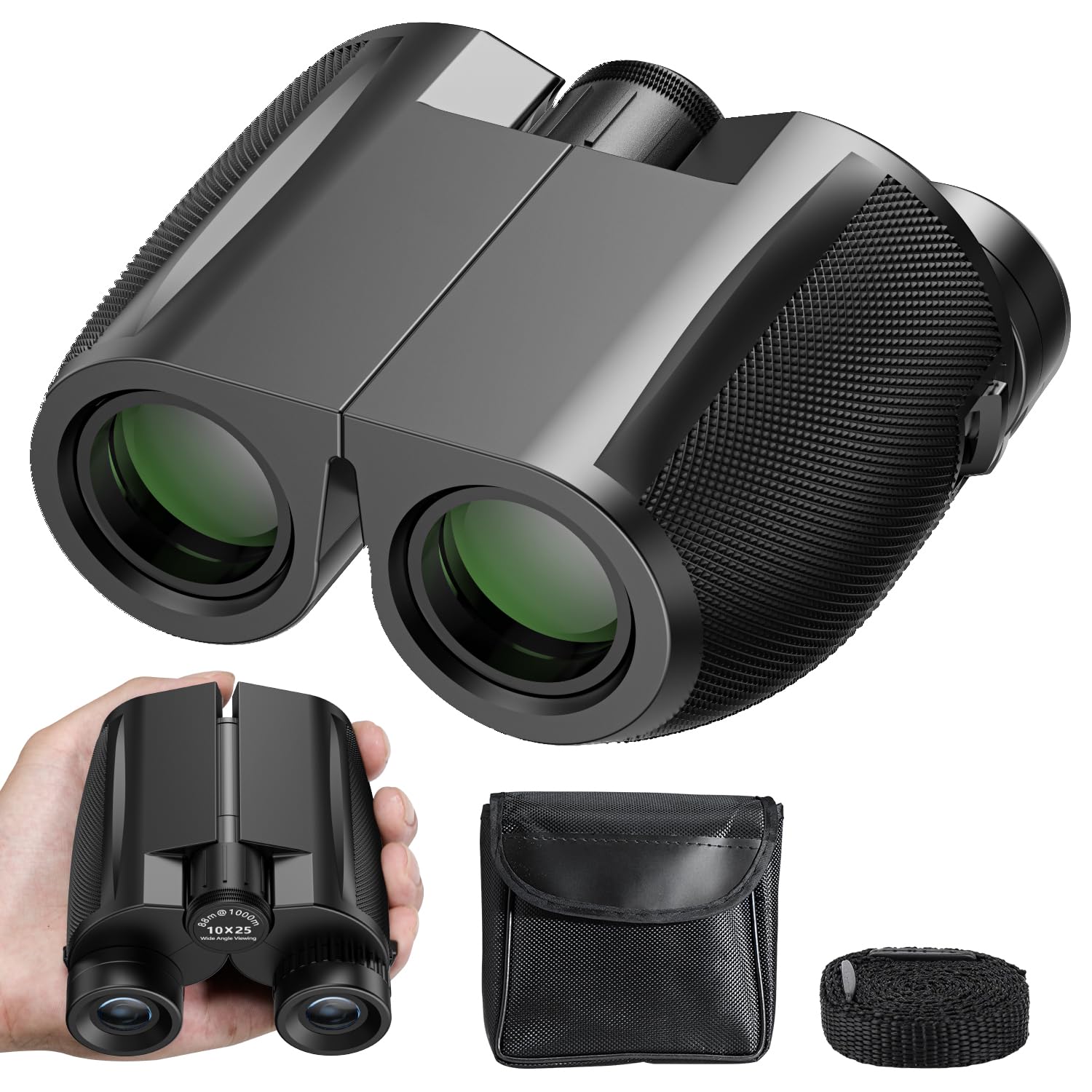 View 1 of 10x25 Compact Binoculars for Adults and Kids, Large Eyepiece Waterproof Binocular with Low Light Vision, High Powered Easy Focus Binoculars for Bird Watching Outdoor Hunting Travel Cruise
