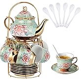 20 Pcs Porcelain Tea Set with Metal Holder, Adult Tea Sets Gift, European Ceramic Tea Set for Adults, Flower Tea Cup Saucer S