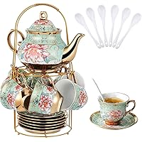 20 Pcs Porcelain Tea Set with Metal Holder, Adult Tea Sets Gift, European Ceramic Tea Set for Adults, Flower Tea Cup Saucer S