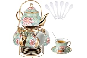 20 Pcs Porcelain Tea Set with Metal Holder, Adult Tea Sets Gift, European Ceramic Tea Set for Adults, Flower Tea Cup Saucer S