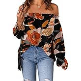 Spriolim Women's Off Shoulder Top Ruffle Long Sleeve Chiffon Blouse Casual Loose Shirts