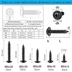 HanTof 100 Pcs M5 x 12/16/20/25/30mm Pan Head with