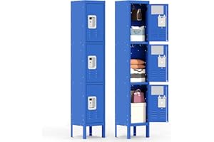FLIXELIO Metal Locker for Employees 66" H Tall Storage Lockers with Lock and Mirror Gym Locker Cabinet with 3 Doors Steel Wardrobe for Office Home School Staff Assembly Required