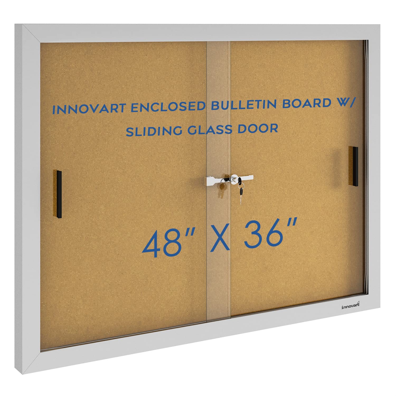 Photo 1 of INNOVART Enclosed Bulletin Board 48” x 36”, Lockable Cork Noticeboard with Silver Aluminum Frame, Outdoor Enclosed Bulletin Board Weatherproof, Wall Display Case with Sliding Glass Door
