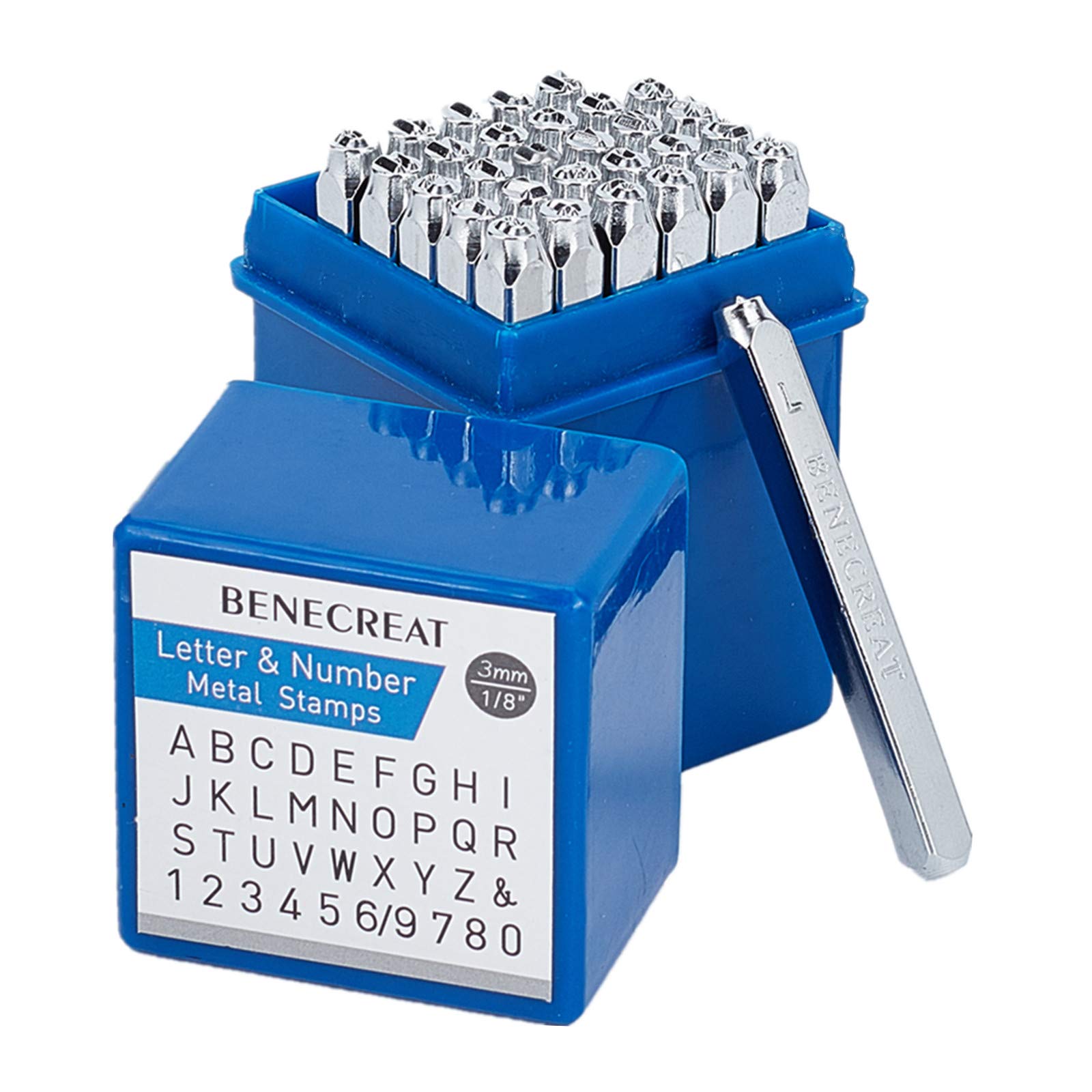 BENECREAT 36 Pack 3mm Alphabet and Arabic numerals Stamps, Metal Punch Stamp Stamping Tool Case - Electroplated Hard Carbon Steel Tools to Stamp/Punch Metal, Jewelry, Wood