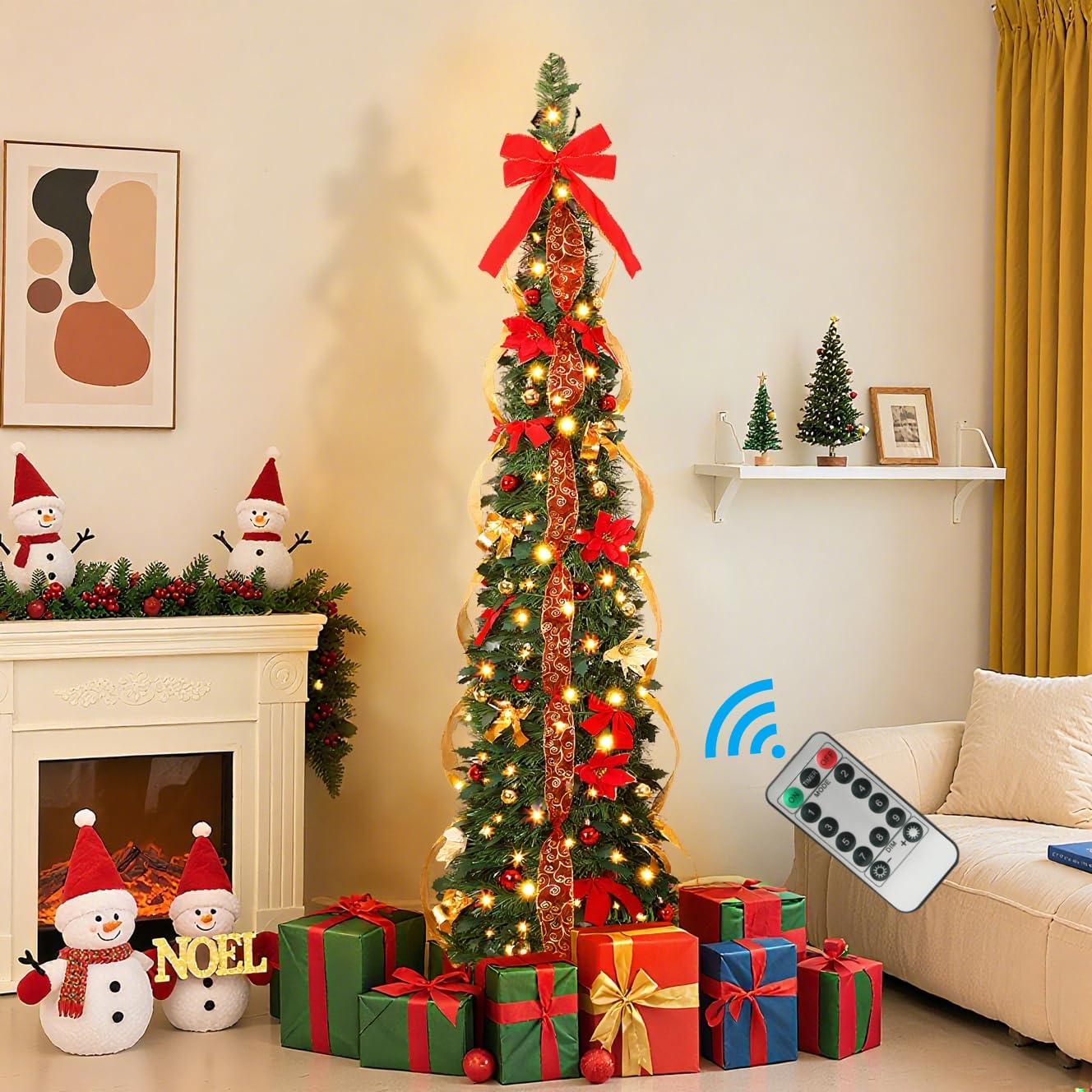 Photo 1 of ***missing feet****6ft Pop Up Prelit Pencil Artificial Christmas Tree with Remote Control, Slim Collapsible Christmas Tree Pre-Decorated Red&Gold Decorations, Pre-Lit Warm White&Multi-Color Lights for Xmas Decor, 6 FT