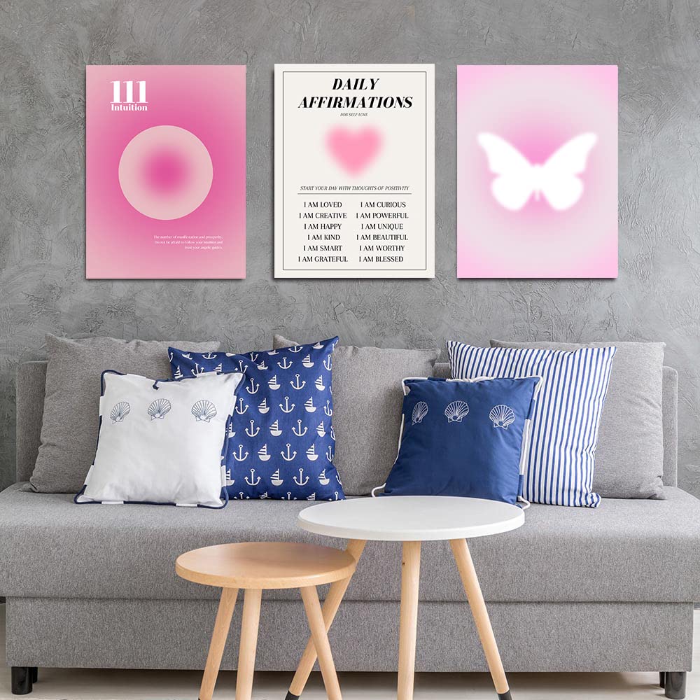 Pink Gradient Aura Angel Numbers Posters Sets for Room Aesthetic Spiritual Affirmation Canvas Wall Art Positive Energy Painting Y2k Butterfly Pictures Trendy Wall Decor for Bedroom 12x16in Unframed