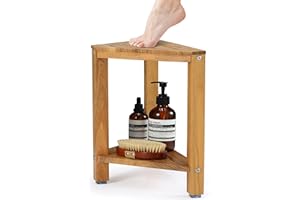 TeakAura Teak Corner Shower Bench 36cm, Waterproof Non-Slip Shower Foot Stool for Shaving Legs, Shower Foot Rest with Storage
