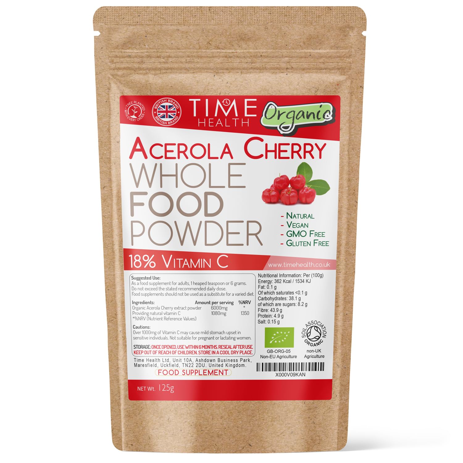 Organic Acerola Cherry Powder - Natural & Wholefood - 18% Vitamin C - Soil Association Approved - GMP Standards - UK Made - Zero Additives (125g Powder Pouch)