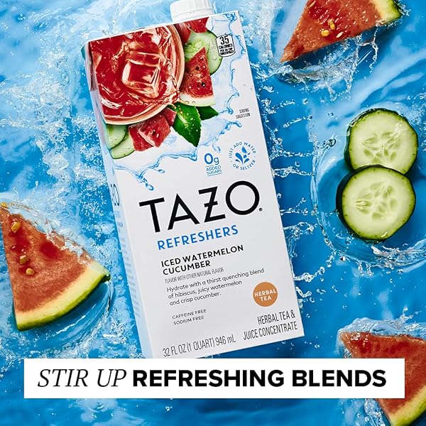 TAZO REFRESHERS ICED HERBAL TEA & JUICE MIX FOR A REFRESHING DRINK MIX WATERMELON CUCUMBER 0G ADDED SUGARS 32OZ