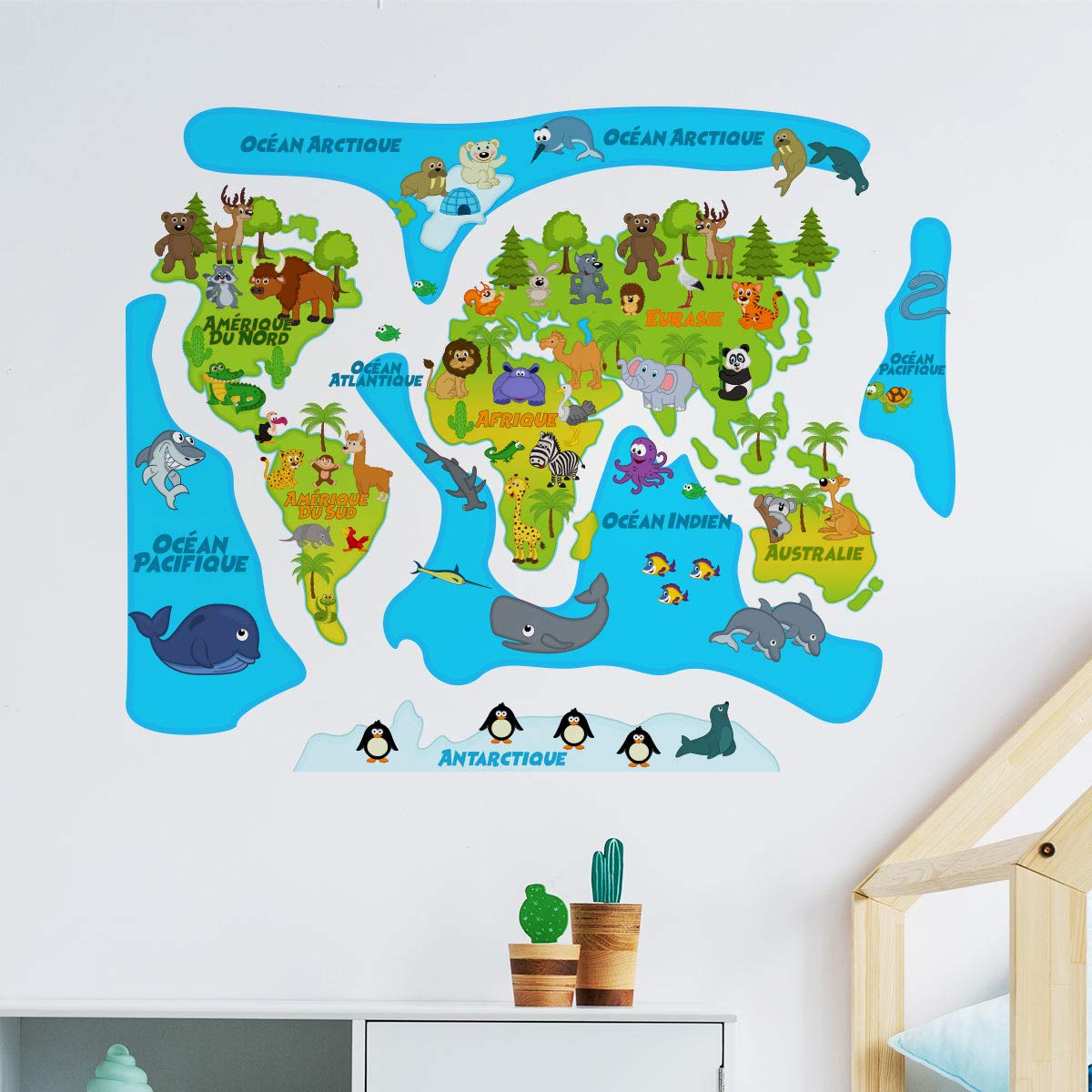 Children's Adhesive Stickers | World Map Sticker - Wall Decoration for Children's Bedrooms | 60 x 70 cm
