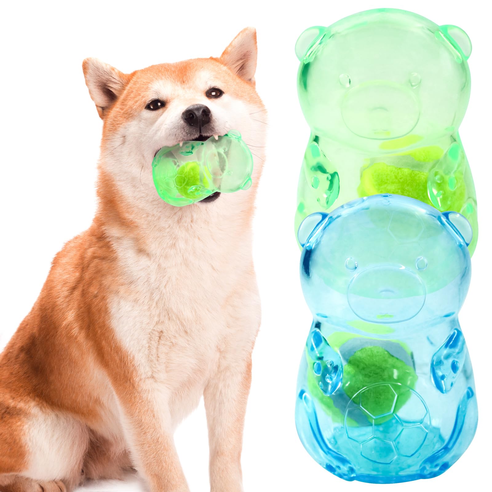 Photo 1 of Aerbee 2Pcs Crunchnplay Toy for Dogs, Squeaky Dog Toys for Aggressive Chewers for Medium/Small Dogs, Rubber Toys with Tennis Ball, Outdoor Interactive Dog Toys for Boredom (Blue & Green)