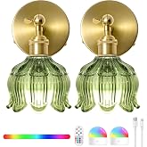 Vintage Battery Operated Wall Sconces: Set of 2 Rechargeable Wireless Light | 5000mAh Green Flower Glass Cordless Lighting, Remote Control Powered Dimmable Sconce, Small Lights for Bedroom Hallway Renter