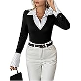 SweatyRocks Women's 2 in 1 Collared Neck T Shirts Dressy Casual Long Sleeve Fitted Work Tee Tops