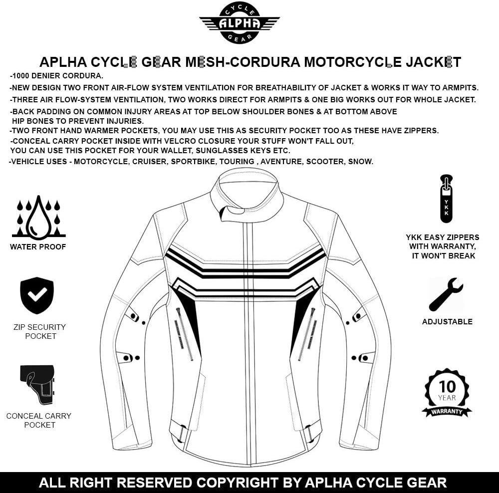 ALPHA CYCLE GEAR MOTORCYCLE ALL SEASON JACKET (BLACK, X-LARGE): Clothing