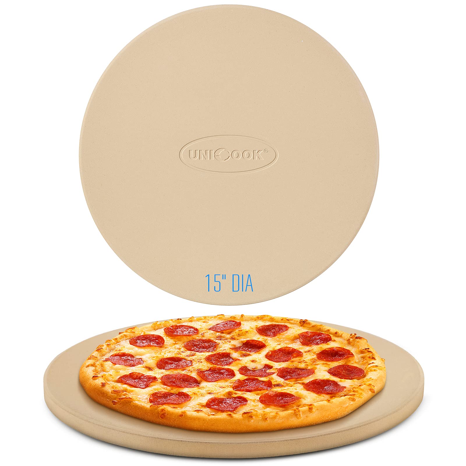 Unicook Pizza Stone, Heavy Duty Cordierite Stone for Oven and BBQ, 38cm Round Baking Slab for Pizza, Bread, Cookies and More, Large Grilling Oven Plate, Thermal Shock Resistant, Durable and Safe