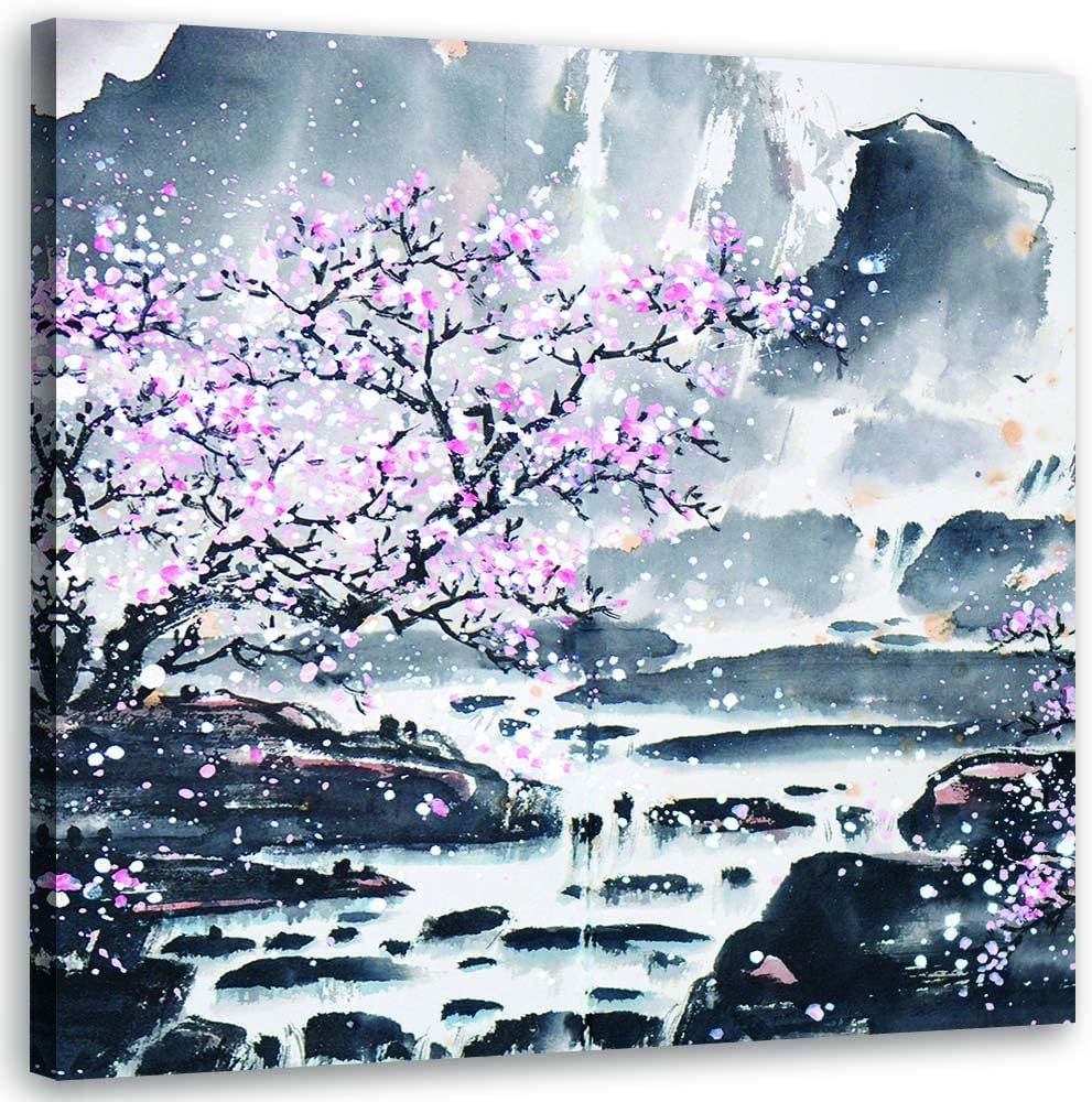 Tableau Décoratif Murale Sur Toile - Fleurs De Cerisier Japonais & Paysage Montagne - 80x120 Cm - Prêt à Accrocher - 9