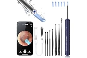 AIFINI Ear Wax Removal, Ear Cleaner with Camera and Light, Ear Wax Removal Kit with 8 Pcs Set Ear Wax Removal Tool Camera with 1080P, Ear Cleaning Kit with 6 Spoons, Ear Camera for iOS & Android (Blue)
