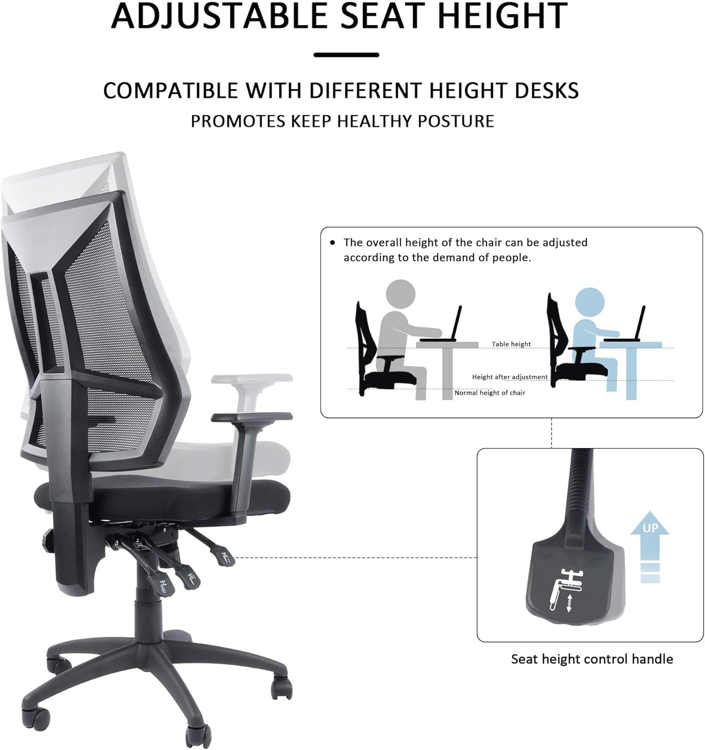 High-Back Ergonomic Desk Chair Mesh Swivel Task Office Chair with Adjustable Arms, Seat and Backrest (Black): Kitchen & Dining