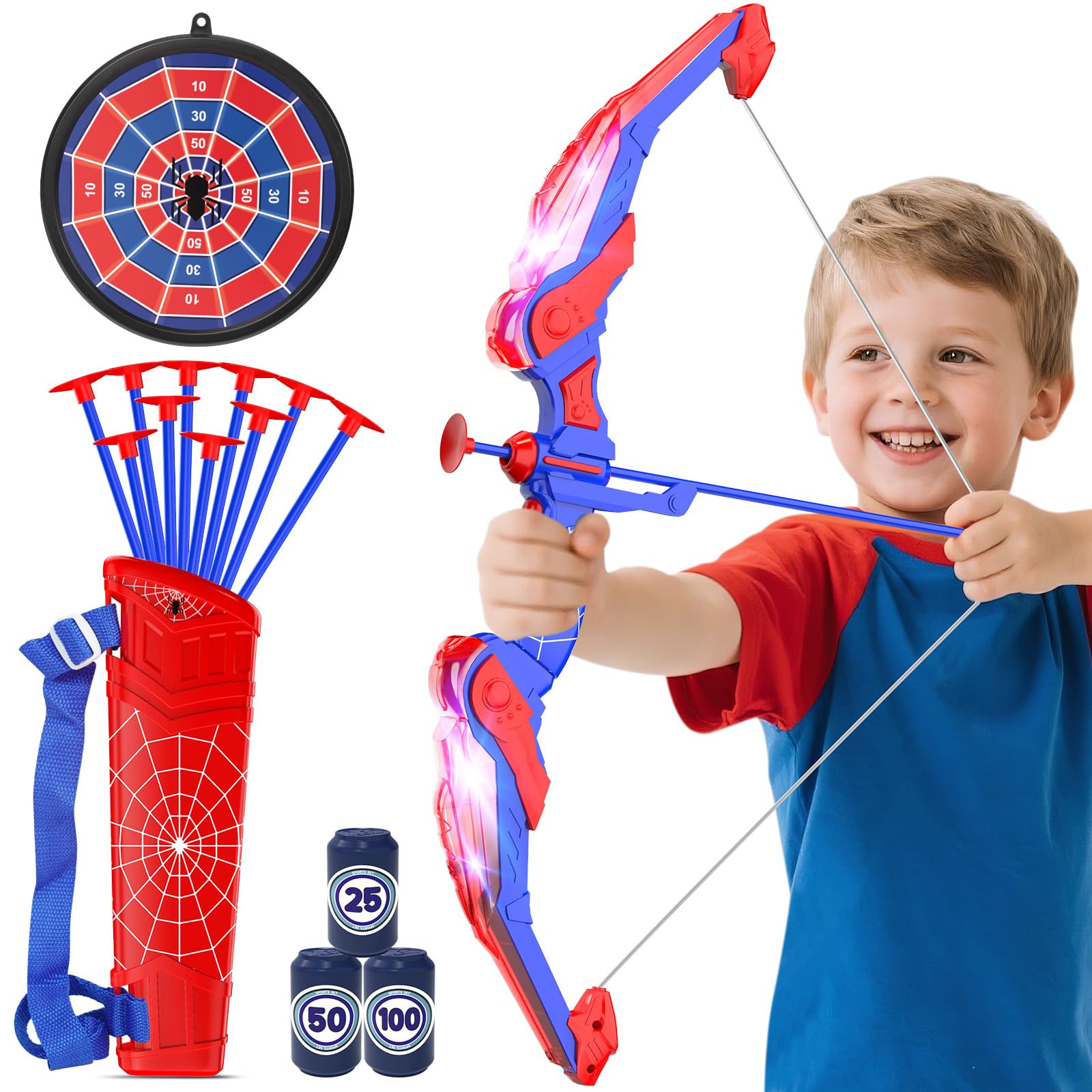 Joozmui Bow and Arrow Set Kids with LED Lighting, Boys Toys Age 3 4 5 6 7 8 9 10 11 12, Kids Garden Toys for 3-12 Year Old Boys Including Bow, Quiver, 10 Arrows, Hanging Target and 3 Score Targets