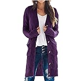 PRETTYGARDEN Long Sleeve Cable Knit Long Cardigan for Women 2026 Spring Winter Chunky Open Front Button Sweaters with Pockets