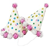 TSJ 10 PCS Birthday Party Hats Paper Cone Hats Plush Ball Happy Birthday Caps for Kids Adults