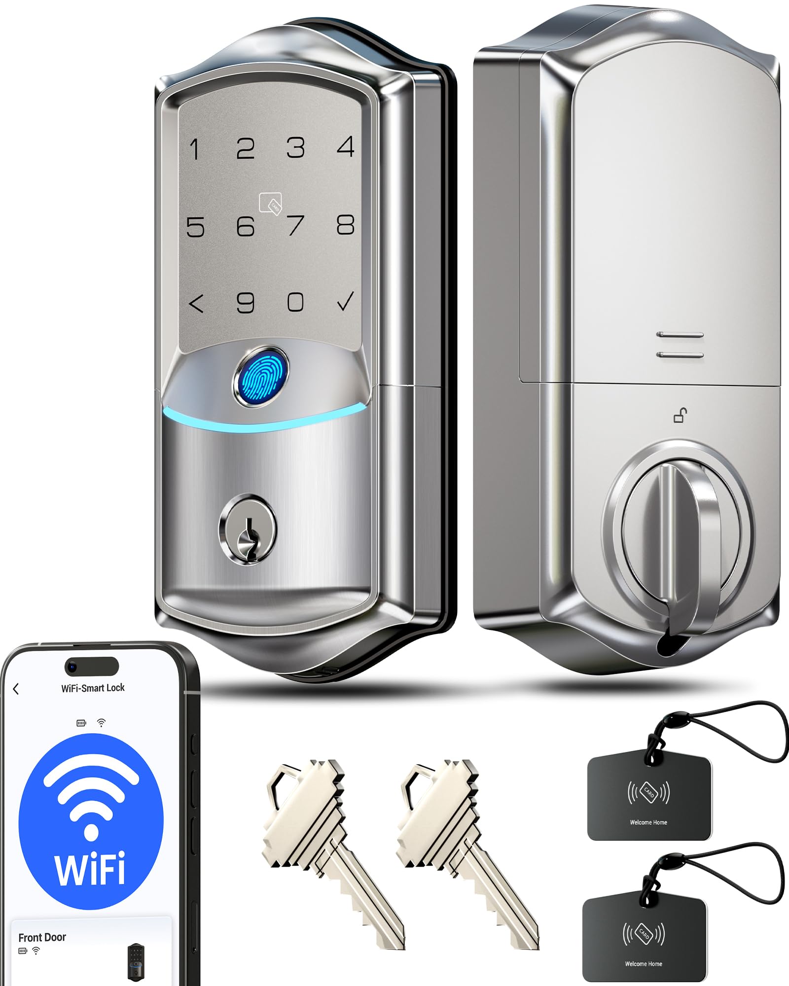 Photo 1 of Veise VE027 Built-in Wi-Fi Smart Lock, Fingerprint Keyless Entry Front Door Lock, App Remote & Voice Control, No Hub Needed, Touchscreen Keypad Deadbolt, IP65 Waterproof, BHMA Grade 3, Satin Nickel